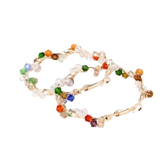 Beaded Twisted Gold Large Hoop Earrings - Picture 2 of 3